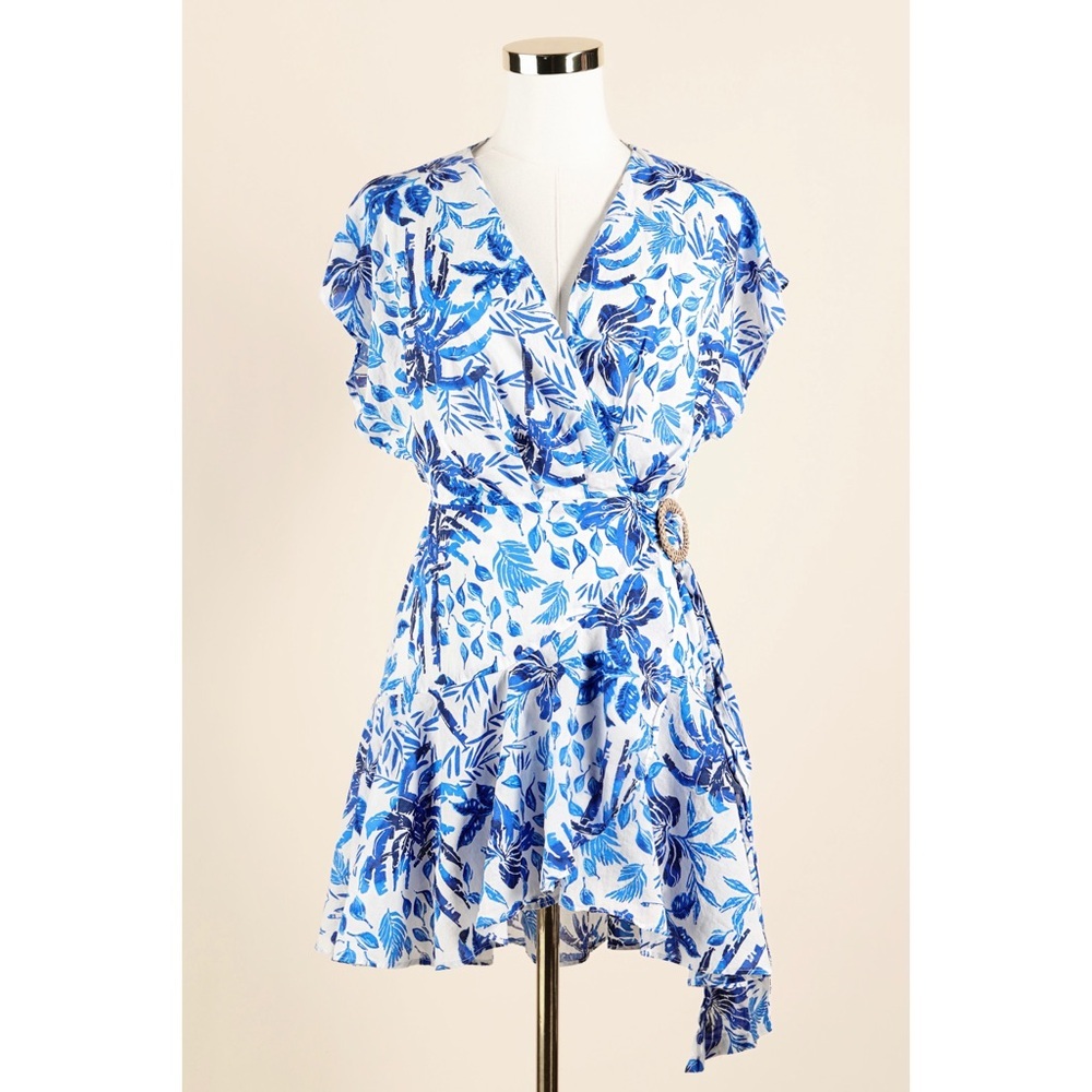 Sz S J.Marie The Hayden Tropical Palm Tree Wrap Romper In White & Blue NWOT